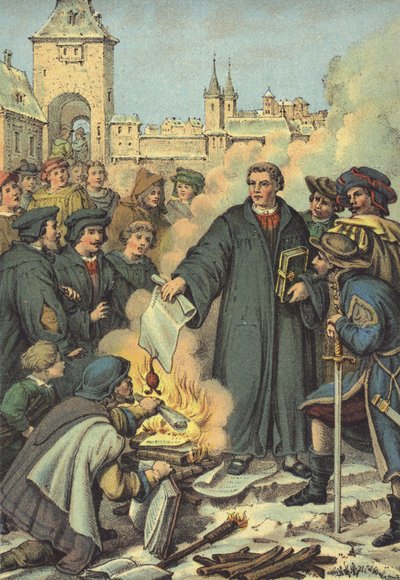 ルターは1520年12月10日、ウィッテンベルクにある教皇の雄牛に火を放つ 作： German School